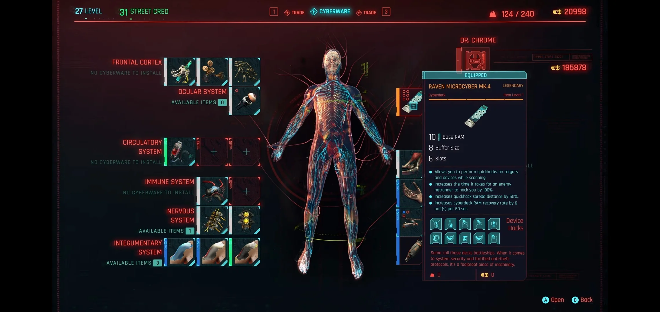 Cyberpunk 2077 cyberware selection menu