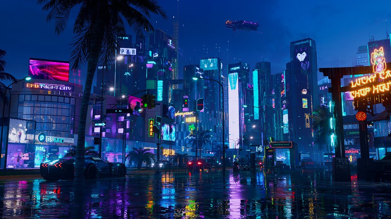 Night City skyline from Cyberpunk 2077